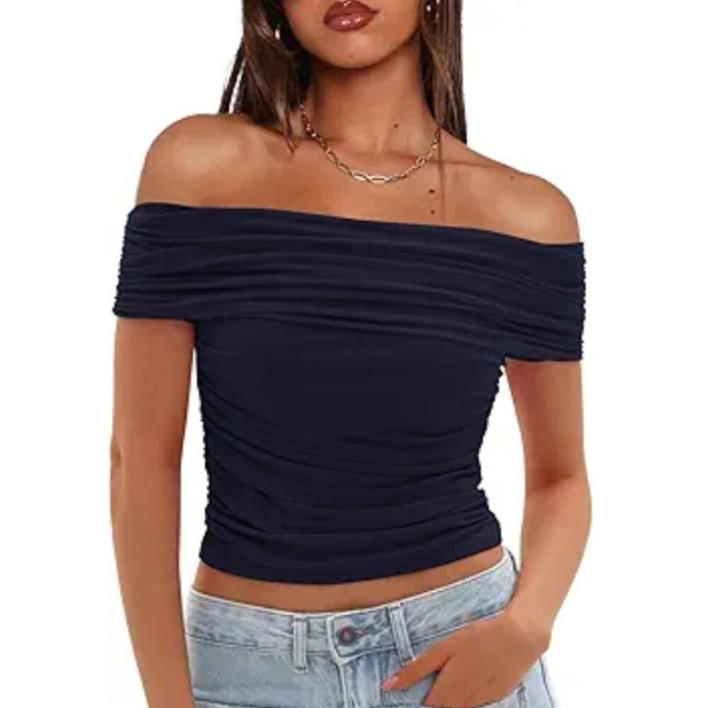 Women's Mesh Off The Shoulder Top Short Sleeve Double Lined Ruched Top - Size XS